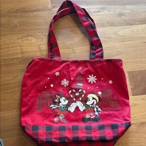 Disney Mickey and Minnie Mouse Christmas Holiday Red Buffalo Plaid Tote